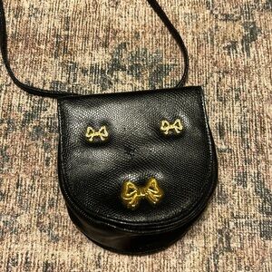 Arnold Scaasi Black Lizard Leather Crossbody Mini Bag With Gold Bows 22” strap